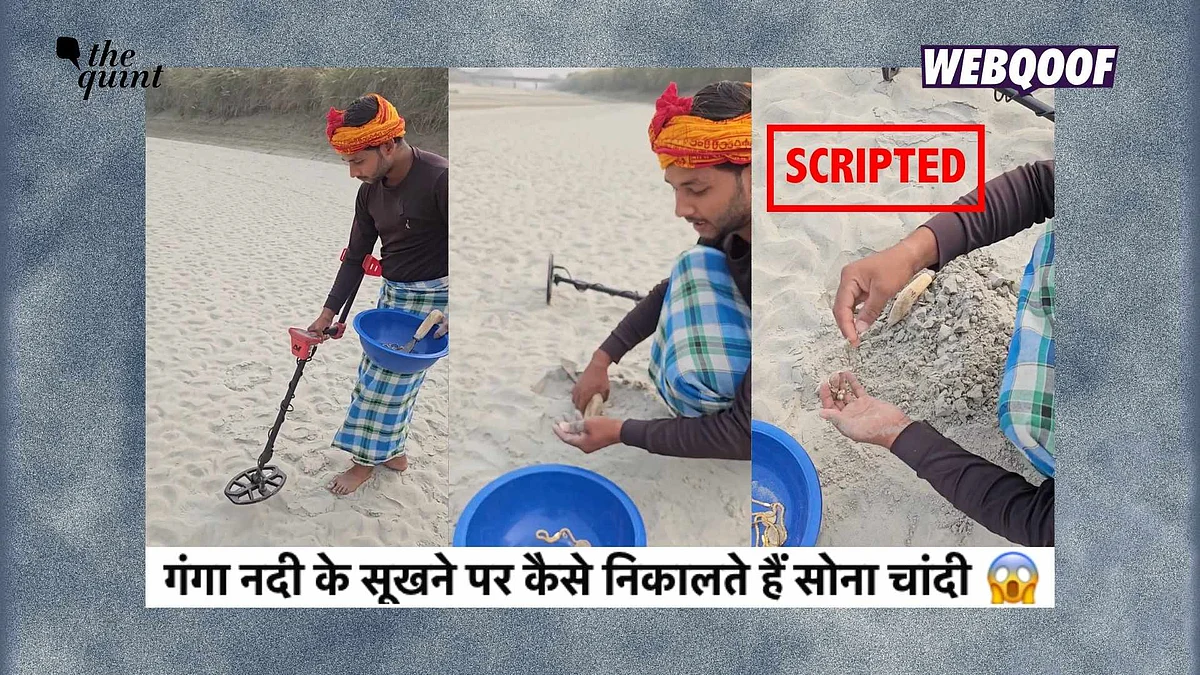 <div class="paragraphs"><p>गंगेच्या कोरड्या पडलेल्या नदीपात्रात एका व्यक्तीला सोने, चांदी आणि नाणी सापडल्याचे वास्तव उदाहरण दाखवण्यात आल्याचा खोटा दावा करण्यासाठी एक स्क्रिप्टेड व्हिडिओ शेअर केला जात आहे.</p></div>