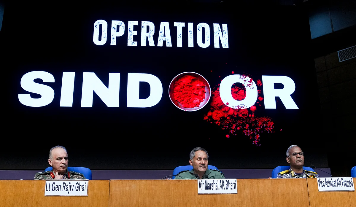 <div class="paragraphs"><p>Director General of Military Operations (DGMO) Lt General Rajiv Ghai with Air Marshal AK Bharti and Vice Admiral AN Pramod during a press conference on Operation Sindoor.</p></div>