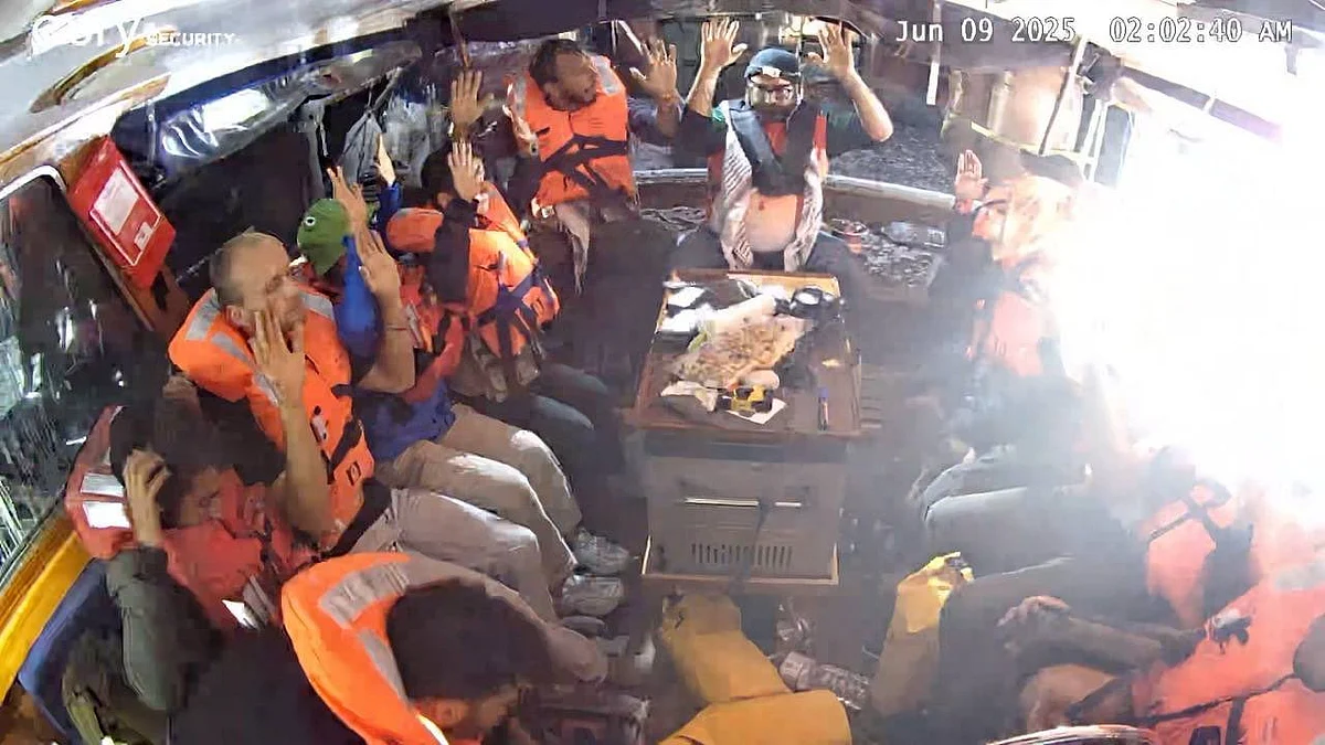 <div class="paragraphs"><p>The crew of the&nbsp;Madleen aid ship surrenders after being intercepted by Israeli authorities on 9 June.</p></div>