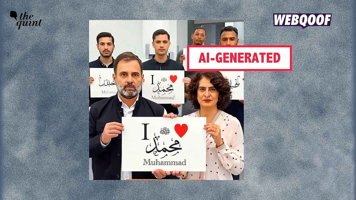 <div class="paragraphs"><p>An AI-generated image showing Rahul Gandhi and Priyanka Gandhi Vadra holding up a poster reading 'I Love Muhammad' is being shared on social media as a real one.</p></div>