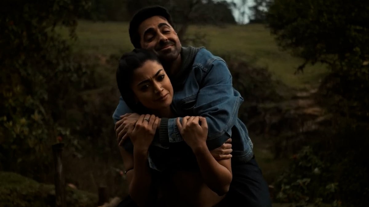 <div class="paragraphs"><p>Ayushmann Khurrana and Rashmika&nbsp;Mandanna in a still from&nbsp;<em>Thamma</em></p></div>