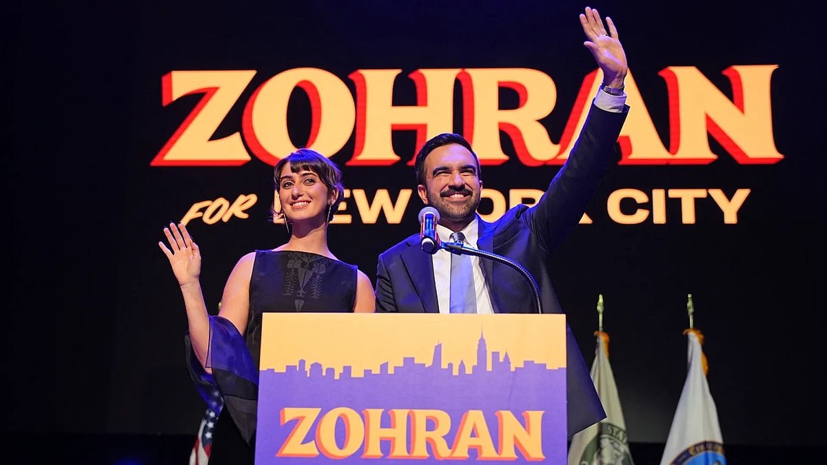 <div class="paragraphs"><p>Zohran Mamdani and his wife Rama Duwaji addressing supporters in Brooklyn after his victory in the New York mayoral election on Wednesday, 5 November.</p></div>