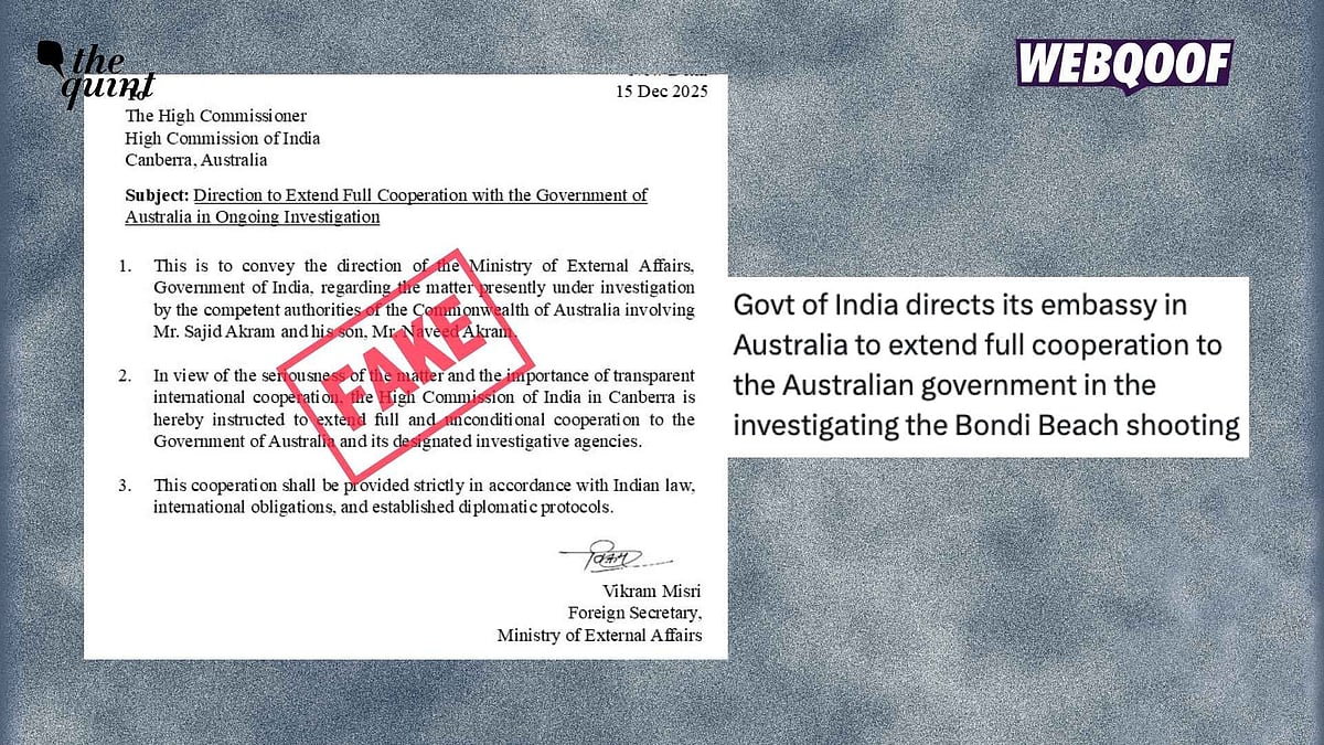 <div class="paragraphs"><p>A fake letter is being shared to falsely claim that the Ministry of External Affairs directed the Indian High Commission in Canberra to fully cooperate with Australian agencies for the probe into one of the Bondi gunmen.</p></div>