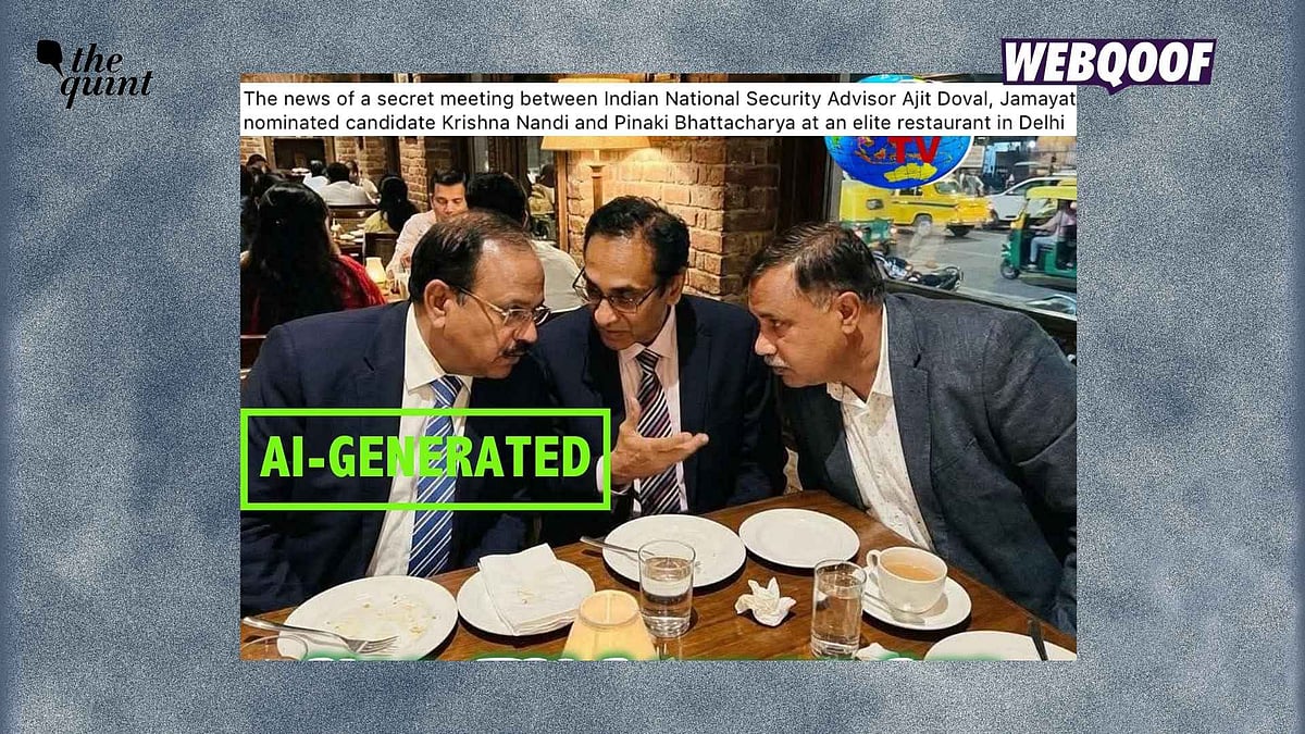 <div class="paragraphs"><p>An AI-generated image is being shared to falsely claim that it shows NSA Ajit Doval dining with Pinaki Bhattacharya and Krishna Nandi.</p></div>