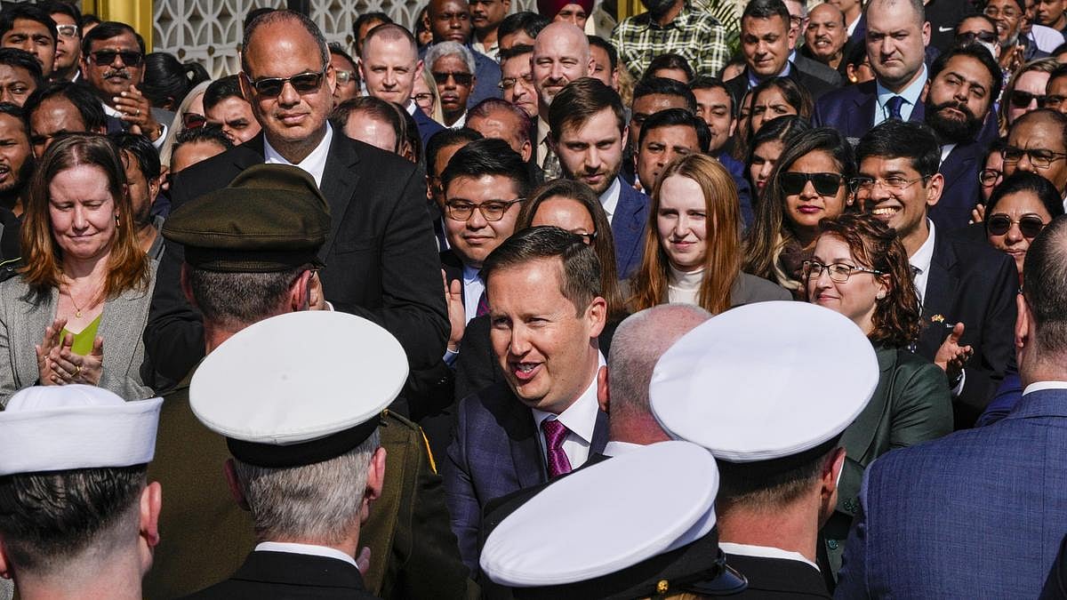 <div class="paragraphs"><p>Sergio Gor (centre) greets officials as he takes charge as the US' Ambassador to India in New Delhi on Monday, 12 January.&nbsp;</p></div>
