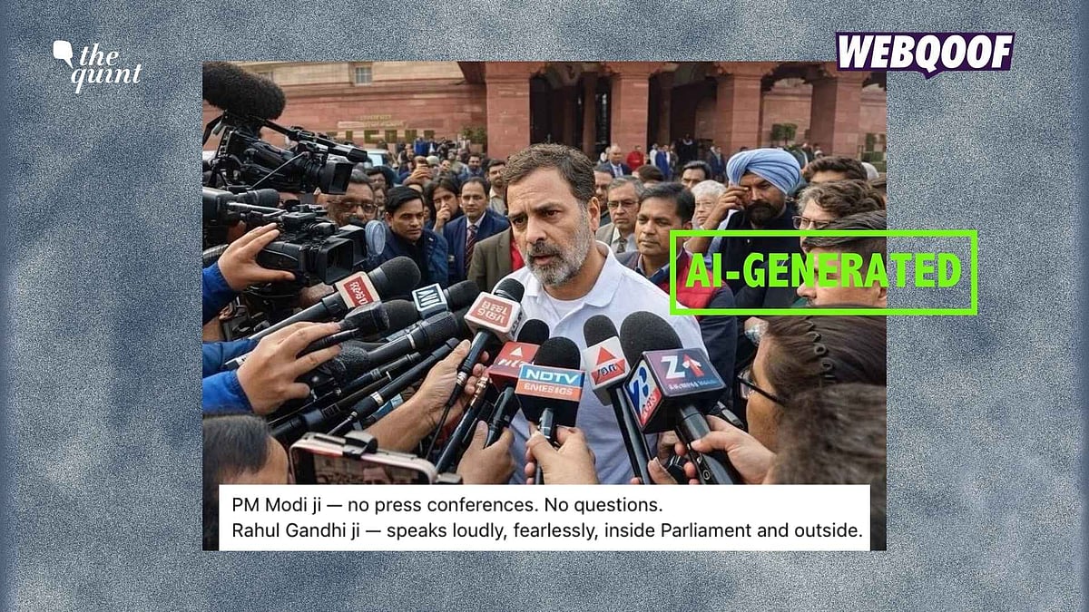 <div class="paragraphs"><p>An AI-generated image is being shared as an authentic one of Congress leader Rahul Gandhi speaking to reporters.</p></div>