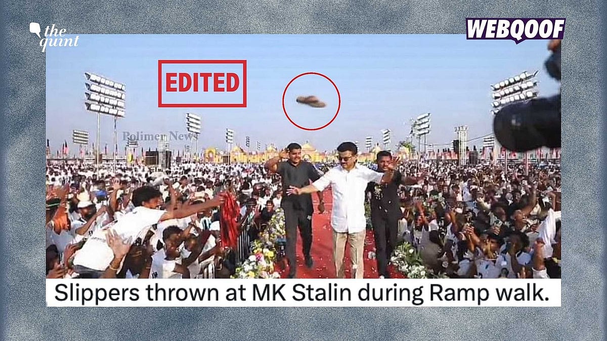 <div class="paragraphs"><p>An edited photo is being shared to falsely claim that it shows a slipper being hurled at Tamil Nadu Chief Minister MK Stalin.</p></div>