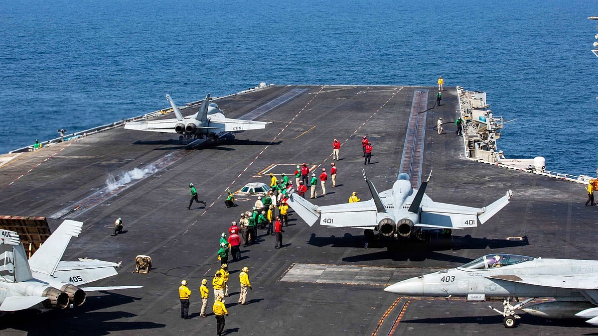<div class="paragraphs"><p>This image provided by U.S. Central Command shows a F/A-18E Super Hornet launching at left, as an F/A-18E Super at right, prepares to launch from the flight deck of Nimitz-class aircraft carrier USS Abraham Lincoln (CVN 72) in support of Operation Epic Fury, on Saturday, Feb. 28, 2026</p></div>