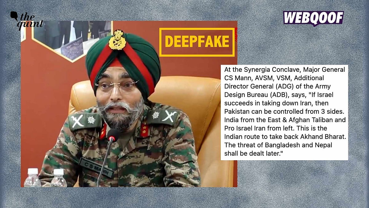 <div class="paragraphs"><p>A deepfake of ADB's Major General CS Mann is being shared to falsely claim that he spoke about 'controlling Pakistan' from three sides and forming an 'Akhand Bharat' at the Synergia Conclave in Delhi.</p></div>