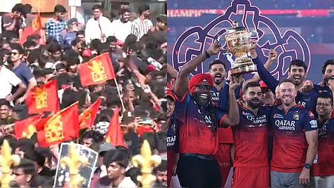 RCB Victory Parade : RCB വിധാന സൗധയിൽ എത്തി: ദേശീയ ഗാനം ആലപിക്കുന്നു