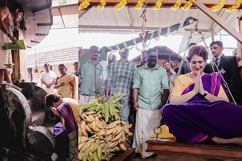 Priyanka Gandhi : നേന്ത്രപ്പഴം കൊണ്ട് തുലാഭാരം : മണാശേരി കുന്നത്ത് മഹാവിഷ്ണു ക്ഷേത്രത്തിൽ ദർശനം നടത്തി പ്രിയങ്ക ഗാന്ധി MP