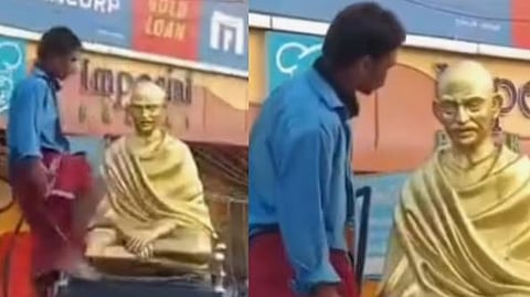 പുനലൂരിൽ ഗാന്ധി പ്രതിമയ്ക്ക് നേരെ മദ്യപൻ്റെ അതിക്രമം: കസ്റ്റഡിയിൽ | Gandhi statue