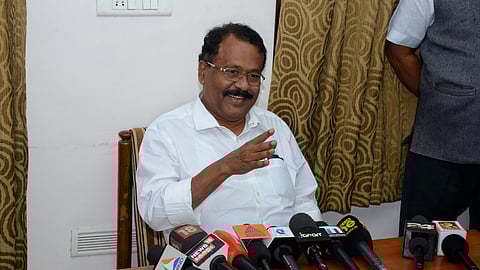 Kerala State President of Bhartiya Janata Party P. S. Sreedharan during a press conference at Kerala House in New Delhi on Thursday. Express Photo by Naveen Kumar