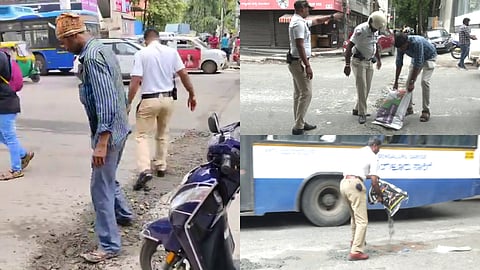 സിമൻ്റും, എം സാൻഡും ഉപയോഗിച്ച് റോഡിലെ കുഴികൾ നികത്തുന്ന പോലീസ് ഉദ്യോഗസ്ഥർ ; ദൃശ്യങ്ങൾ വൈറൽ | Policemen repair potholes