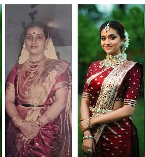 അമ്മ മേനകയുടെ വിവാഹ സാരിയിൽ  വിവാഹത്തിന്റെ ഹൃദ്യമായ ചിത്രങ്ങൾ  പങ്കുവെച്ച് കീർത്തി സുരേഷ്