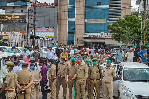 Police force deployed after many patients died during a mock drill at Paras hospital in Agra