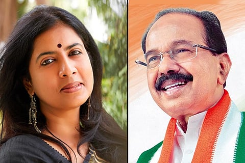 A collage of poet Arundhathi Subramaniam and politician-writer M Veerappa Moily
