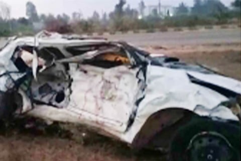 The mangled car in which the Bengaluru students were travelling