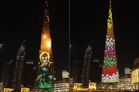Images of Bathukamma and KCR displayed on Burj Khalifa