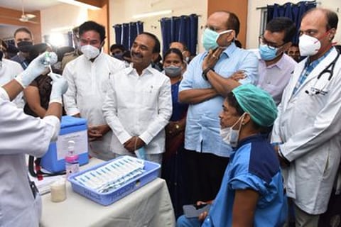 Kishan Reddy and Eatela Rajender at vaccination drive launch