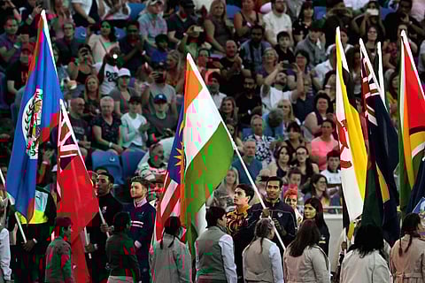 Team India's flagbearers Sharath Kamal and Nikhat Zareen during the closing ceremony of CWG 2022