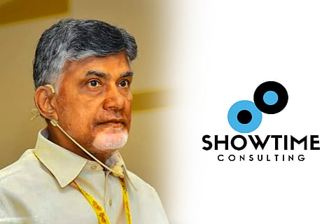 A collage of Chandrababu Naidu and ShowTime Consultancy's logo