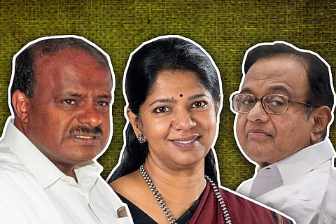 A collage of Kumaraswamy, Kanimozhi and Chidambaram