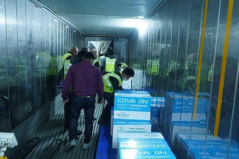 Stocks of covaxin arriving at an Indian airport