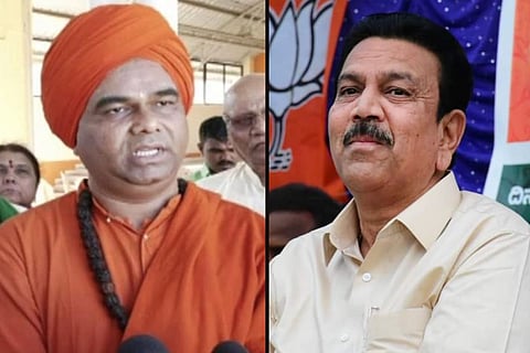 A collage of Karnataka Public Works Department Minister CC Patil and Lingayat seer Dingaleshwara Swami.