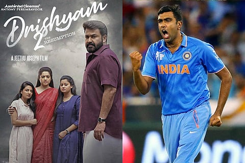 Collage of Drishyam 2 poster on the left and R Ashwin on the right