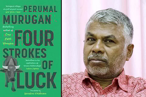 A collage with the cover page for Four Strokes of Luck and a portrait of Perumal Murugan