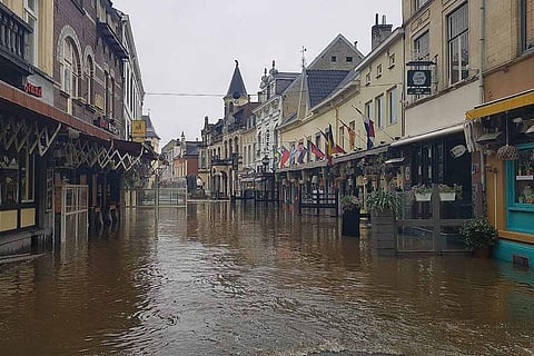 The streets of a European city flooded with water