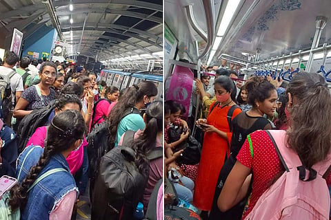 A collage of a sea of people boarding the Hyderabad metro rail