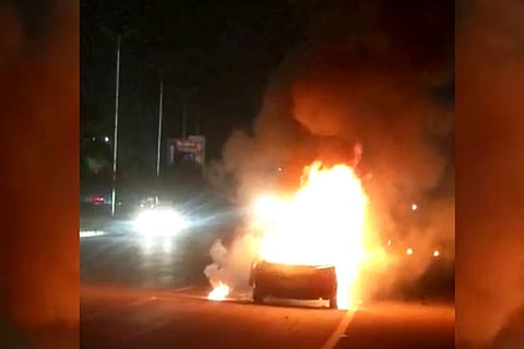 Car on fire on Hyderabad Outer Ring Road