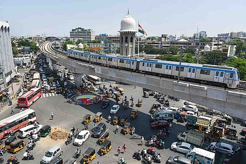 An aerial view of a busy Hyderabad road
