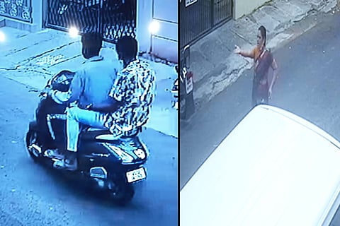 CCTV footage of woman being robbed by bike bourne men in Indiranagar of Bengaluru