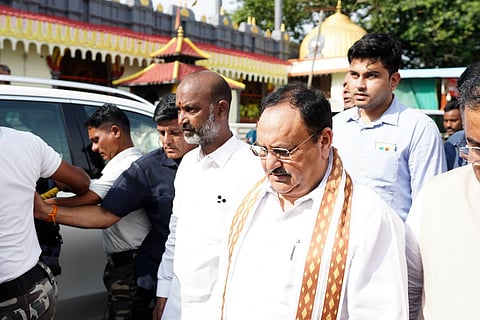 JP Nadda walking along with Bandi Sanjay in Telangana