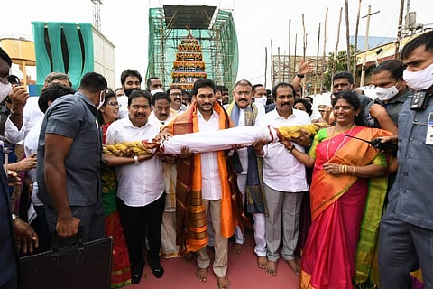 Andhra Pradesh Chief Minister Jagan inaugurating the Antarvedi temple chariot