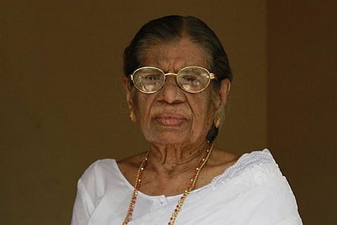 Kerala's veteran Communist leader KR Gouri Amma, who died on May 11, in a white attire, posing for camera