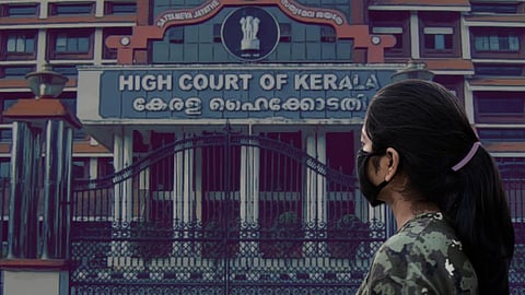 Side profile of a woman wearing a mask, against the backdrop of Kerala High Court
