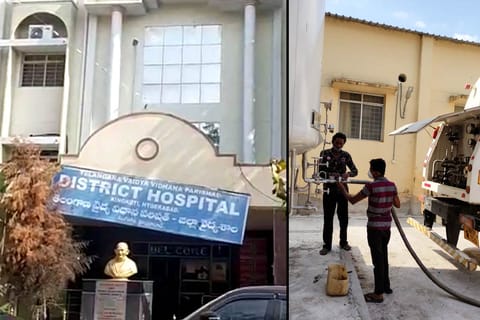 A collage of the board outside King Koti hospital and a photo of oxygen being refilled from the tanker