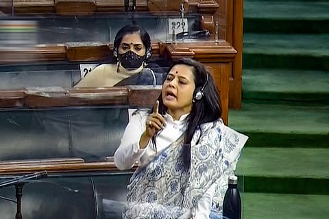 Mahua Moitra in saree speaking in Parliament