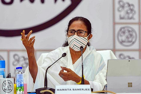 WB CM Mamata Banerjee during a video conference with party workers