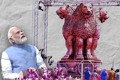 Stylised image of PM Narendra Modi and the national emblem of India