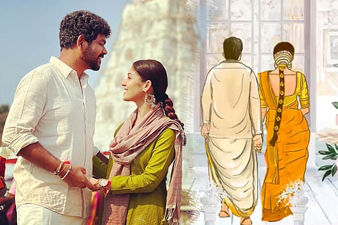 An image of Nayanthara and Vignesh Shivan (L) and screengrab from the couple's digital wedding invite (R).
