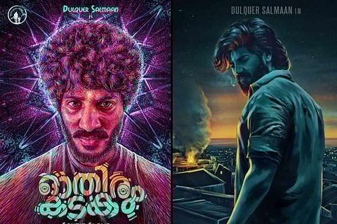 Posters from Dulquer's upcoming movies Othiram Kadakam on the left and King of Kotha on the right