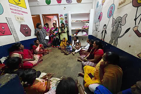 A discussion held with women from Perumbakkam Resettlement site by IRCDUC regarding safety measures