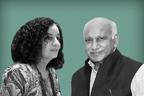 Black and white photos of Priya Ramani and MJ Akbar on a blue background