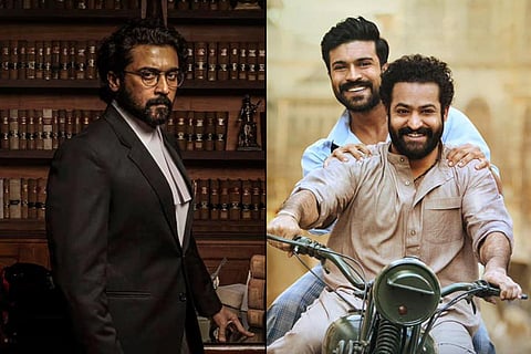 Suriya from Jai Bhim (L) and, Ram Charan and Jr NTR from RRR (R)