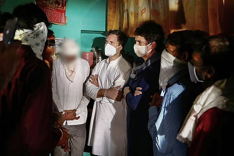 Rahul and Priyanka Gandhi at the house of the family of the Hathras victim 